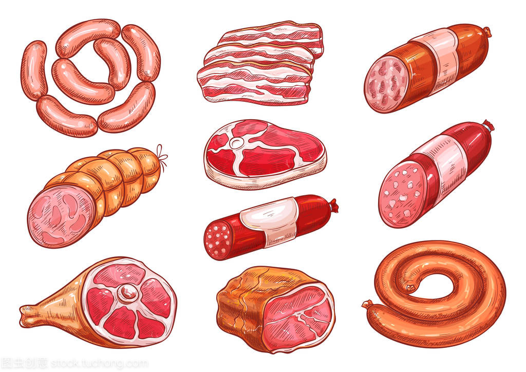 香肠和肉素描集食品设计